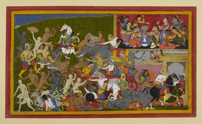 Rāma en Lakṣmaṇa verslaan demonen terwijl vrouwelijke titanen rouwen en herinneren aan een profetie
