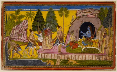 Rāma kroont Vibhīṣaṇa tot koning van Laṅkā en bereidt zich voor om de hulp van de Oceaan in te roepen om een pad naar Laṅkā te maken. 1653 (miniatuur)