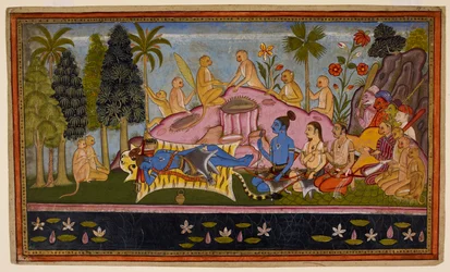 Rāma, in zijn tijgervel, brengt drie dagen door met het smeken van de Oceaan, maar deze reageert niet. c1653 (miniatuur)