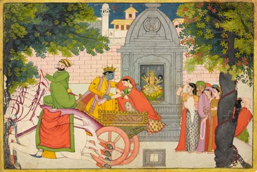 Rukmini vlucht met Krishna, folio uit een Bhagavata Purana, ca. 1780