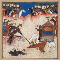 Rustam werpt de Khaqan van China en trekt hem van zijn olifant, ca. 1450