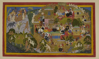Rāvaṇa wijst de verdediging van Laṅkā aan; Rāma verkenners vanaf de berg Suvela
