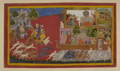 Rāvaṇa misleidt Sītā met een nephoofd; apen verkennen Laṅkā