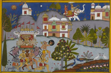 Rāvaṇa marcheert naar Devaloka terwijl Indra de goden bijeenroept en Viṣṇu