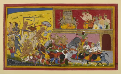 Rāvaṇa stuurt Kumbha, Nikumbha en demonen om apen te bestrijden, Rāma en bondgenoten kijken toe