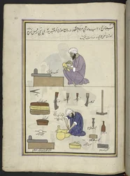 Zadelmakers, 86 tekeningen gebonden in een volume die beroepen en ambachten in Kasjmir uitbeelden, ambachtslieden worden getoond aan het werk met hun gereedschap en uitrusting