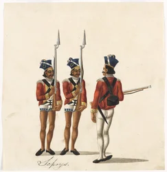 Sepoys en een Indiase officier, Bengaals leger, ca. 1815