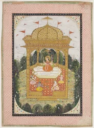 Shakti met Shiva en andere goden in een tempel, ca. 1780 (gouache en goud op papier)