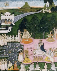 Shiva zittend op een tijgervel, houdt Devi gewikkeld in een mantel, ca. 1760