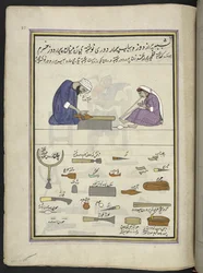 Schoenmaker en zijn vrouw die een slipper maken, 86 tekeningen gebonden in een volume die beroepen en ambachten in Kasjmir uitbeelden, ambachtslieden worden getoond aan het werk met hun gereedschap en uitrusting