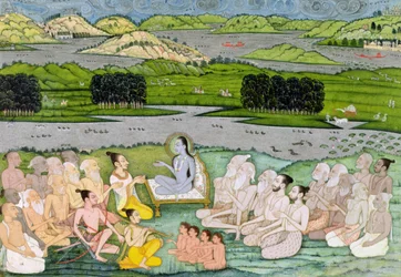 Shri Sukdevji predikt voor een menigte Sadhus, Rajasthan, c.1757