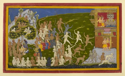 Spionnen Śuka en Sāraṇa gevangen genomen, rapporteren aan Rāvaṇa; apen vallen Laṅkā lastig