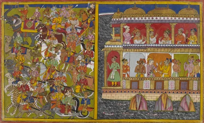 De zonen van Sukeśa marcheren vanuit Laṅkā om te strijden tegen Viṣṇu en de goden