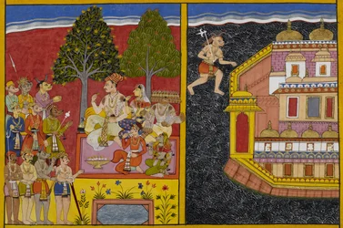 Sumāli spoort Rāvaṇa aan Laṅkā te grijpen terwijl Prahasta Vaisravaṇa