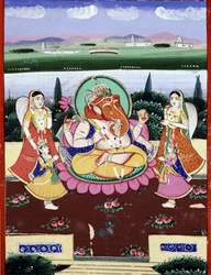De godheid Ganesha, dochter van Shiva en Parvati. Indiase populaire prent uit de 19e eeuw