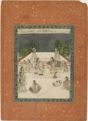Twee vrouwen zittend op een terras, omringd door bedienden en muzikanten, ca. 1650