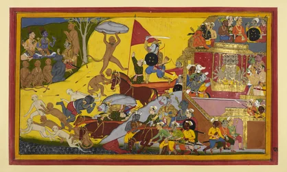 Vajradaṃṣṭra wordt gedood door Aṅgada temidden van voortekenen; Rāma