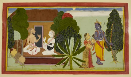 Valmiki en Narada converseren links, met Rama en Sita rechts