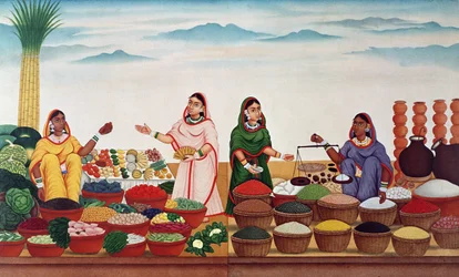 Groente- en kruidenmarkt in Benares, ca. 1840