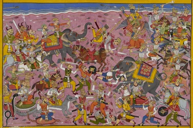 Viṣṇu vecht tegen de demonen; Mali valt, doorboord door een lans