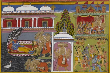 Viṣṇu rust met Lakshmi als Rāvaṇa valt, ontvoert dan vrouwen in zijn wagen