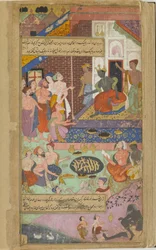 Valmiki instrueert Kusa en Lava in de recitatie van de Ramayana voor de gelegenheid van een offer in het paleis van Rama