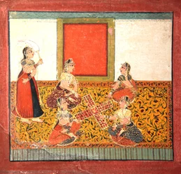Vrouwen spelen Parcheesi, zittend op een geel patroonvloer, c.1725