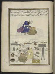 Werknemers in fijn goud (kundan) maken sieraden en zetten edelstenen, 86 tekeningen gebonden in een volume die ambachten en beroepen in Kasjmir weergeven, Ambachtslieden worden getoond aan het werk met hun gereedschap en uitrusting, Door een Kasjmir kunste