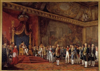 De deputatie van de Romeinse Senaat biedt eerbetoon aan keizer Napoleon I in de Troonzaal van het Tuilerieënpaleis