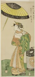 De acteur Segawa Kikunojo II als de courtisane Hitachi in deel twee van het toneelstuk Wada Sakamori Osame no Mitsugumi (Wada