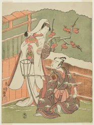 Acteurs Arashi Sangorō II als Minamoto no Yoritomo en Segawa Kikunojō II als de Sneeuwvrouw in "Katoenwatten van Izu Beschermt de Huwelijkse Chrysanten"