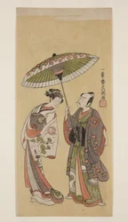 Acteurs Ichikawa Yaozō II als Soga no Jūrō en Segawa Kikunojō II als Ōiso no Tora