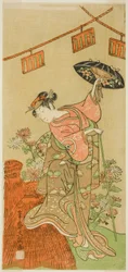De Acteur Iwai Hanshiro IV als Otatsu-gitsune in het stuk Nue no Mori Ichiyo no Mato, uitgevoerd in het Nakamura Theater in de elfde maand, 1770