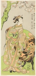 De Acteur Segawa Kikunojo II als de Courtisane Maizuru in het Stuk Furisode Kisaragi Soga (Soga van de Lange, Hangende Mouwen in de Tweede Maand), Opgevoerd in het Ichimura Theater vanaf de Twintigste Dag van de Tweede Maand, 1772