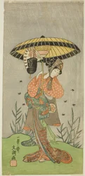De acteur Yamashita Kinsaku II als Nijo no Kisaki (?) in het stuk Natsu Matsuri Naniwa Kagami (?), uitgevoerd in het Morita Theater (?) in de zevende maand, 1770 (?)