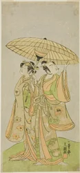 De acteurs Ichikawa Komazo II als Chunagon Yukihira (rechts), en Iwai Hanshiro IV als Murasame (links), in het stuk Kuni no Hana Ono no Itsumoji, uitgevoerd in het Nakamura Theater in de elfde maand, 1771