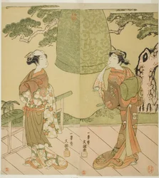 De Acteurs Ichimura Uzaemon IX als Shume no Hangan Morihisa (rechts), en Sanogawa Ichimatsu II als Chujo (links), in het stuk Edo no Hana Wakayagi Soga, opgevoerd in het Ichimura Theater in de tweede maand, 1769