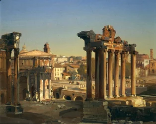 Italië, Rome, Uitzicht op de Romeinse Fora met Tempel van Vespasianus, Boog van Septimius Severus en Tempel van Saturnus