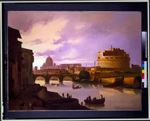 Uitzicht op Castel Sant Angelo vanaf de Tiber met St. Pieter op de achtergrond, uitzicht op het Colosseum
