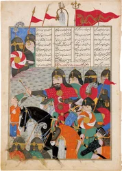 Kay Khusraw marcheert naar de redding van Gudarz. Manuscriptverlichting uit het epos Shahnameh door Ferdowsi