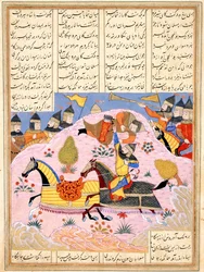 Malik tilt Abul Mihjan uit het zadel. Uit Khavarannama Het Boek van het Oosten van ibn Husam al-D