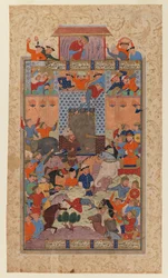Folio uit een Shahnameh: De Iraniërs veroveren Afrasiyabs fort, c.1580-1590
