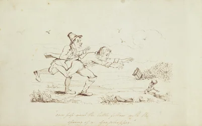 Over Pop Ging de Kleine Kerel met de Sprong van een Sprinkhaan, boekillustratie die Twee Ieren Achtervolgen een Leprechaun toont, 19e eeuw