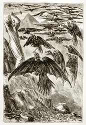 St. Patrick en de demonische vogels, uit The Trias Thaumaturga, of Three Wonder-Working Saints of Ireland, door Mary Cusack, gepubliceerd ca. 1890s