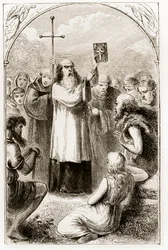 St. Patrick toont de mensen van Ierland de vier evangeliën, uit The Trias Thaumaturga, of Three Wonder-Working Saints of Ireland, door Mary Cusack, gepubliceerd ca. 1890s