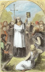 Sint Patrick toont de mensen van Ierland de vier evangeliën, uit The Trias Thaumaturga, of Three Wonder-Working Saints of Ireland, door Mary Cusack (1829-99) gepubliceerd ca. 1890s (later ingekleurd)