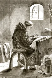 St. Vincent schrijft in zijn cel in Ferins, uit The Trias Thaumaturga, of Three Wonder-Working Saints of Ireland, door Mary Cusack, gepubliceerd ca. 1890s
