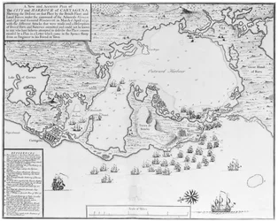 Een nieuwe en nauwkeurige kaart van de stad en haven van Cartagena, met de aanval van die plaats door de Britse vloot en landstrijdkrachten, onder bevel van de admiraals Vernon en Ogle en generaal Wentworth in maart & april 1741