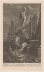 Portret van Hadriaan Beverland die een standbeeld van Venus tekent