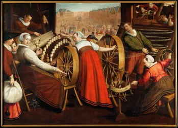 Arbeiders spinnen en weven wol, ca.1600 (olieverf op hout)